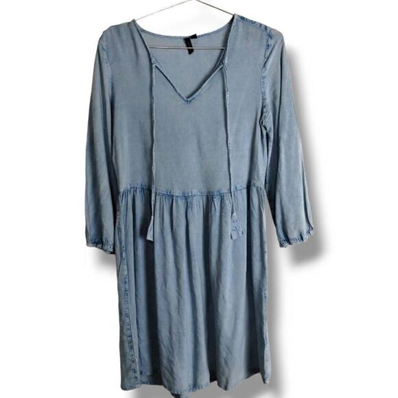 D8Kade Women's Dress Blue Chambray LS Fit Flare V-neck Tie Knee Length Sz Small - Picture 6 of 9